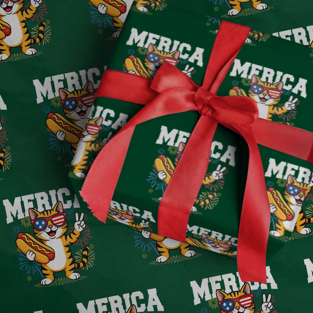 Merica Cat Wrapping Paper Roll Funny 4th of July Hot Dog and Fireworks Patriotic USA Flag TS02 Green Print Your Wear