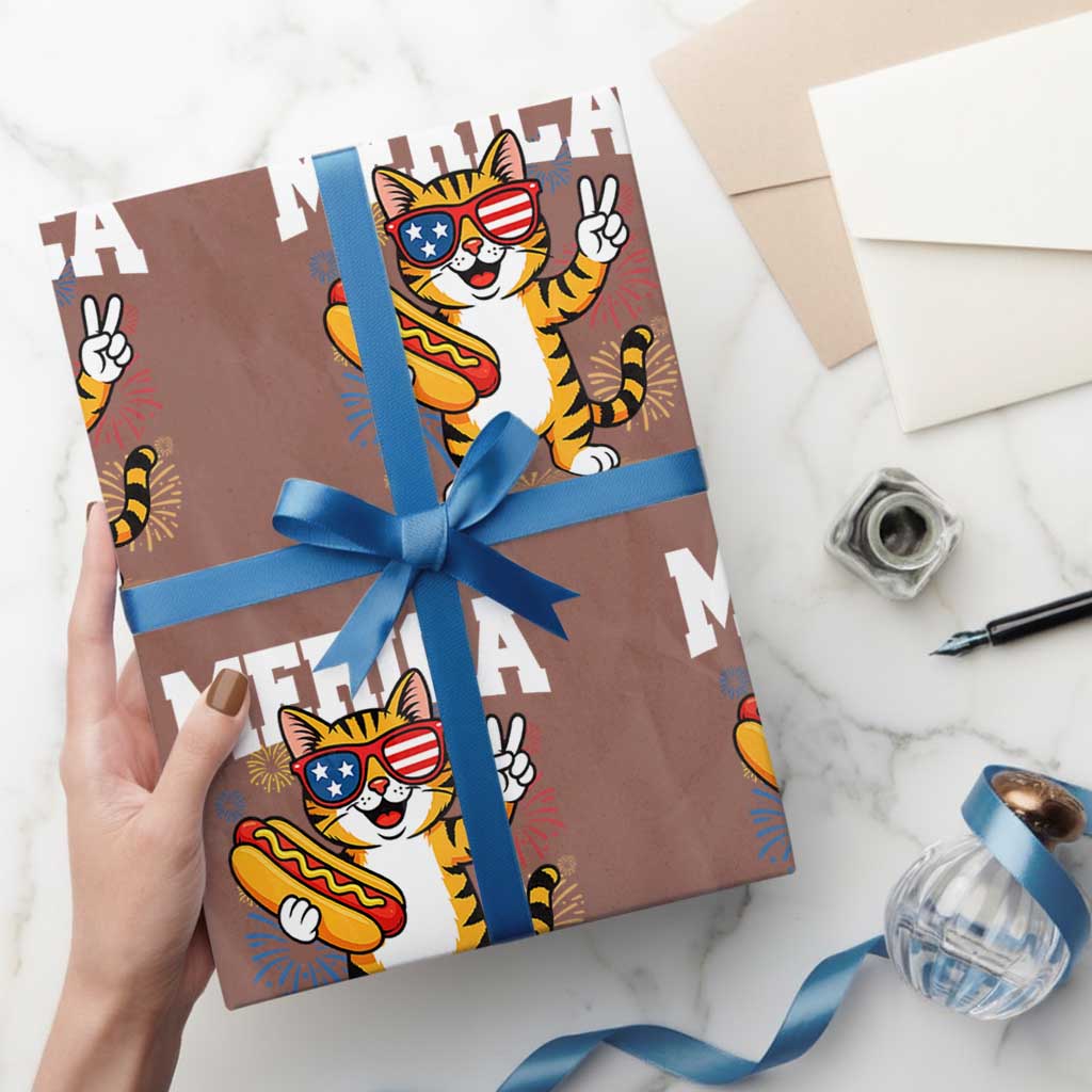 Merica Cat Wrapping Paper Roll Funny 4th of July Hot Dog and Fireworks Patriotic USA Flag TS02 Mocha Print Your Wear