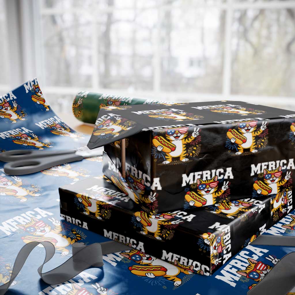 Merica Cat Wrapping Paper Roll Funny 4th of July Hot Dog and Fireworks Patriotic USA Flag TS02 Black Print Your Wear