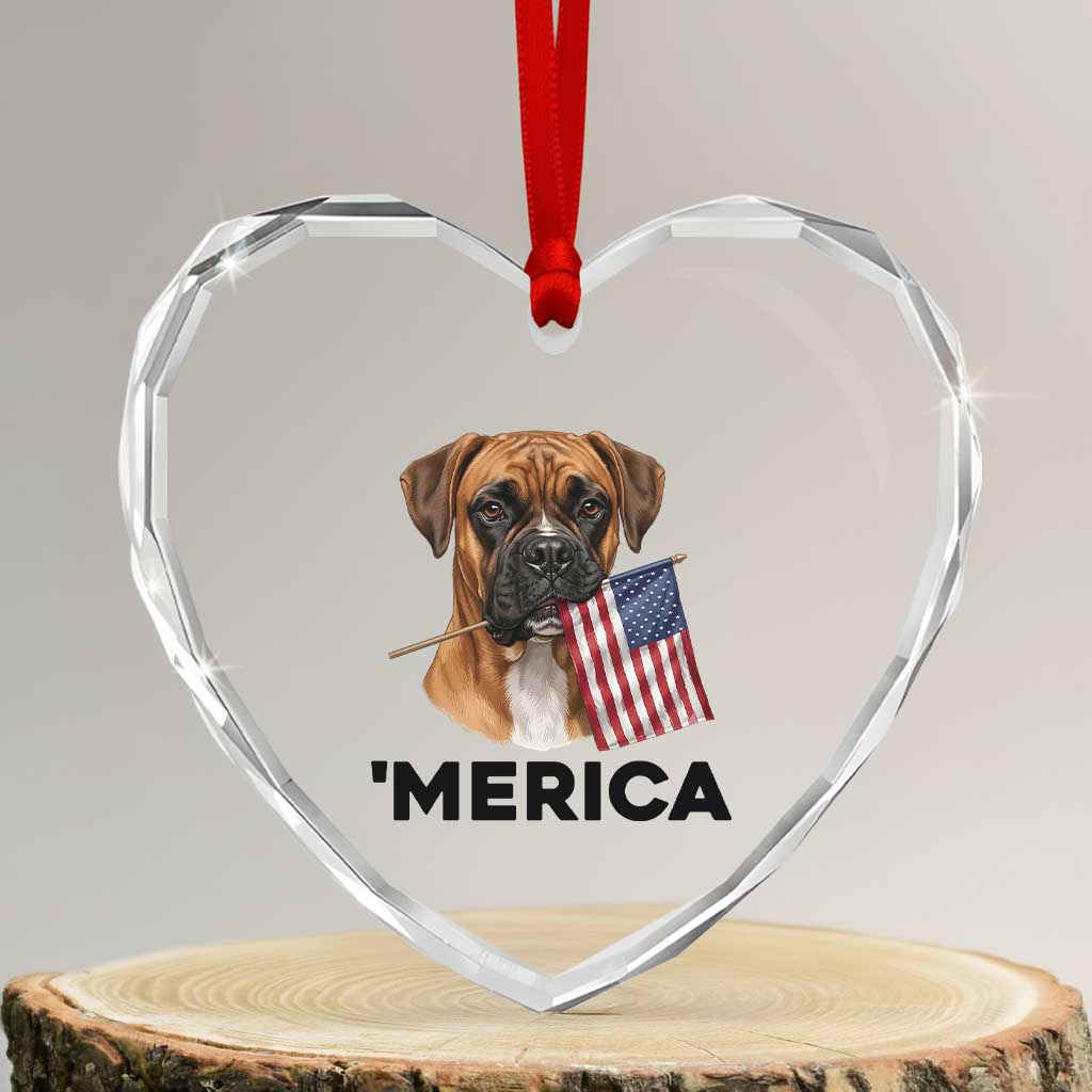 Merica Patriotic Boxer Mom Dad Gift Heart Crystal Glass Ornament Merica 4th Of July