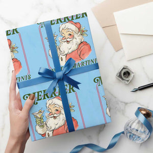 Merrier With Martinis Wrapping Paper Roll Funny Retro Santa Christmas Cocktail Lover TS02 Light Blue Print Your Wear