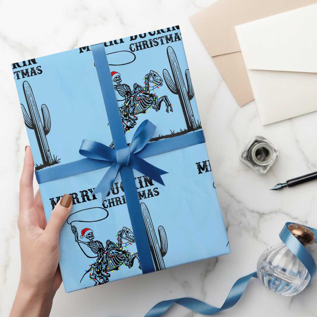 Merry Buckin Christmas Wrapping Paper Roll Funny Skeleton Santa Horse Rider TS12 Light Blue Print Your Wear