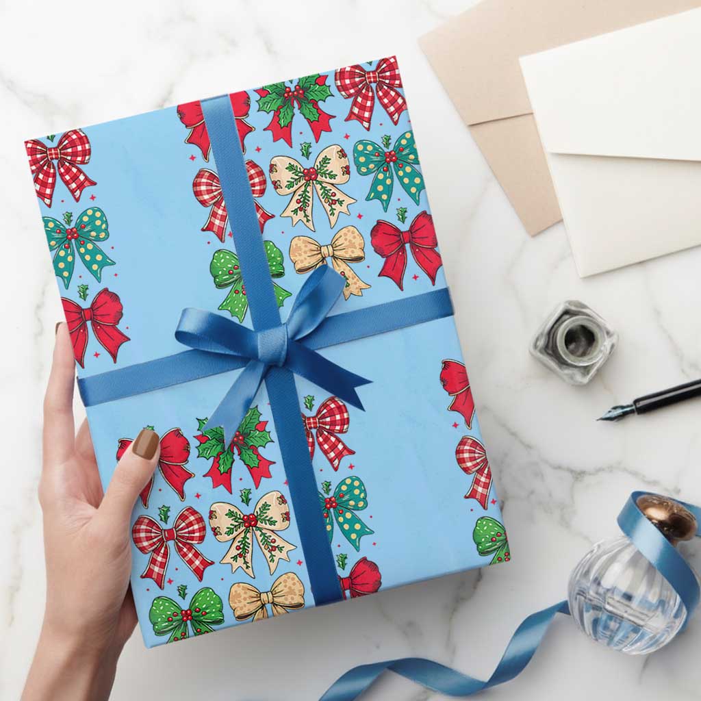 Merry Christmas Coquette Bow Wrapping Paper Roll Festive Xmas Vibe TS02 Light Blue Print Your Wear