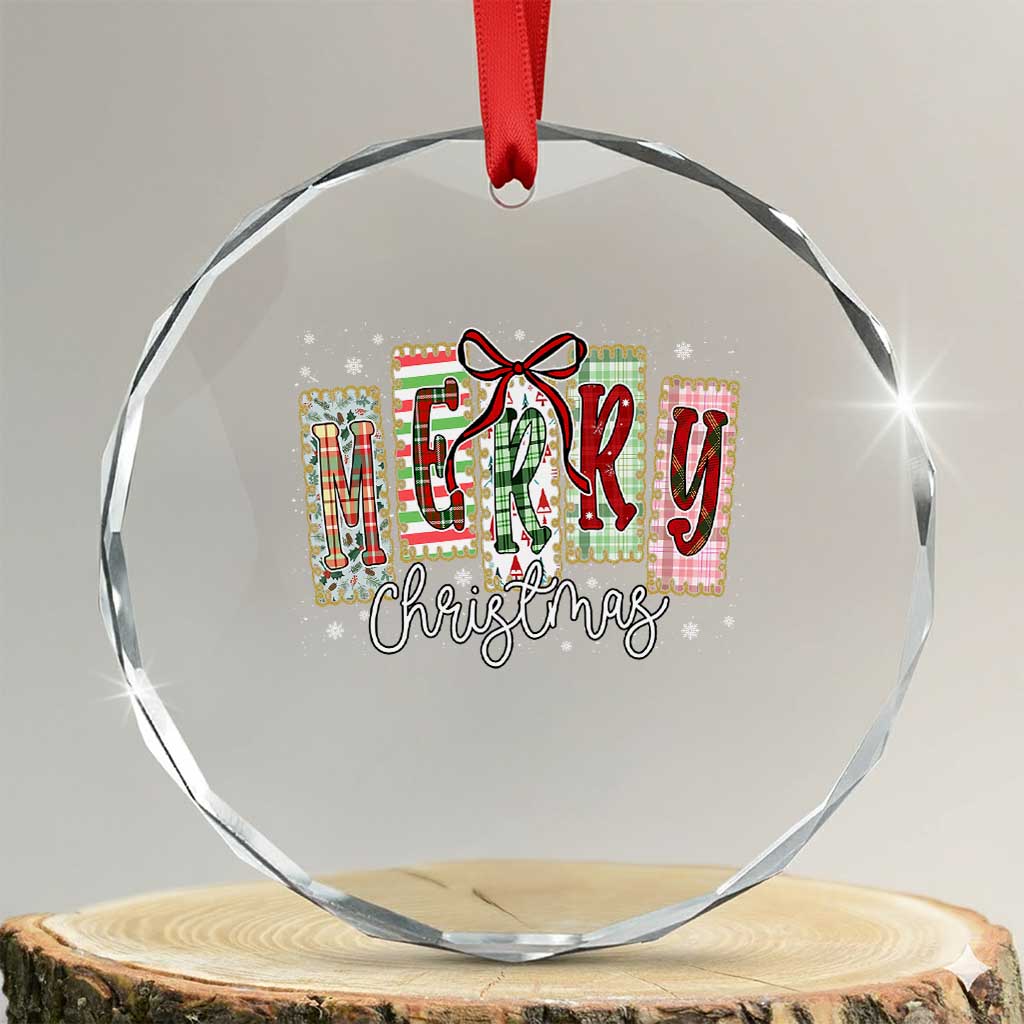 Merry Christmas Coquette Xmas Faux Glitter Gingham Tartan Doodle Crystal Glass Ornament TS11 Transparent Glass 3'' Circle Print Your Wear