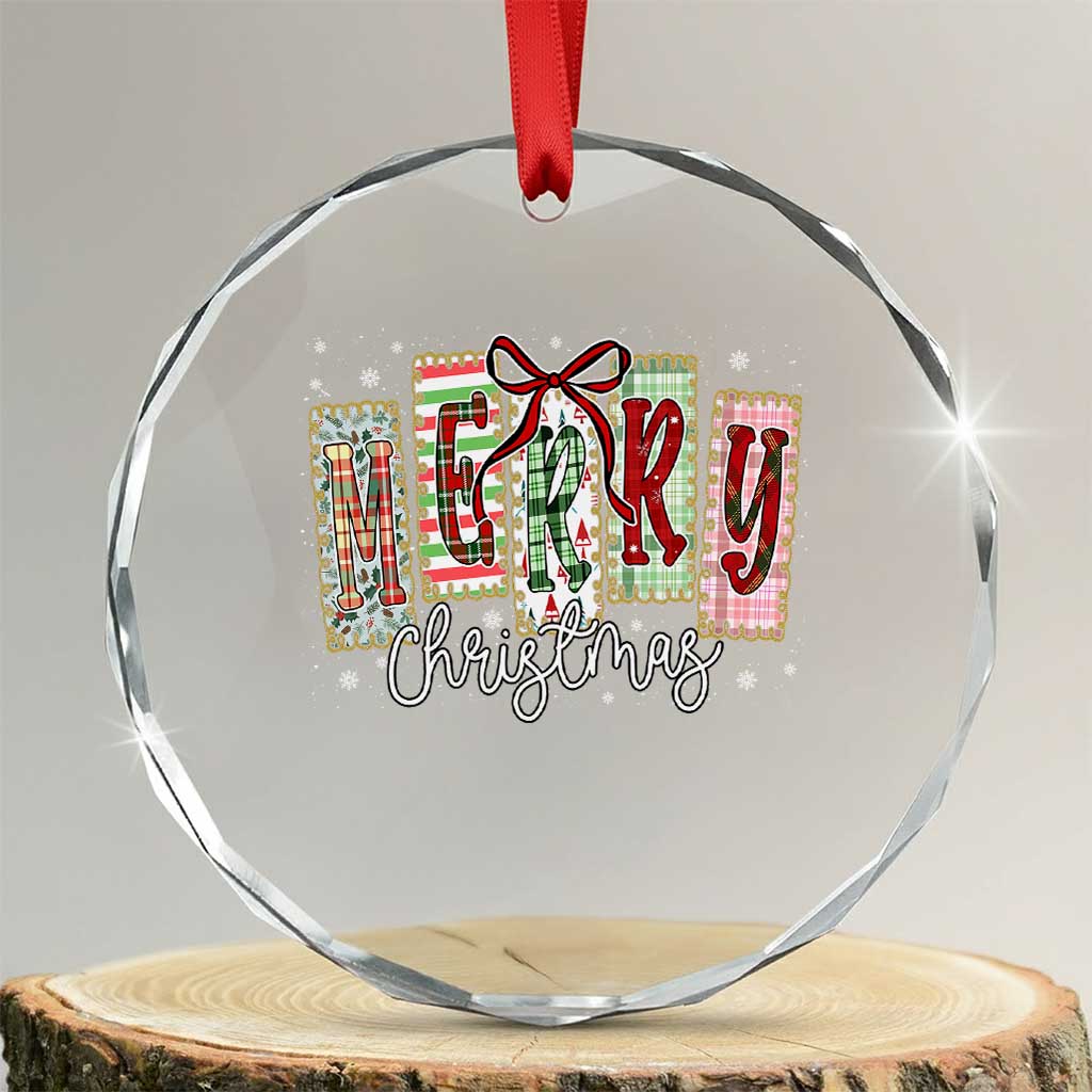 Merry Christmas Coquette Xmas Faux Glitter Gingham Tartan Doodle Crystal Glass Ornament TS11 Transparent Glass 3'' Circle Print Your Wear