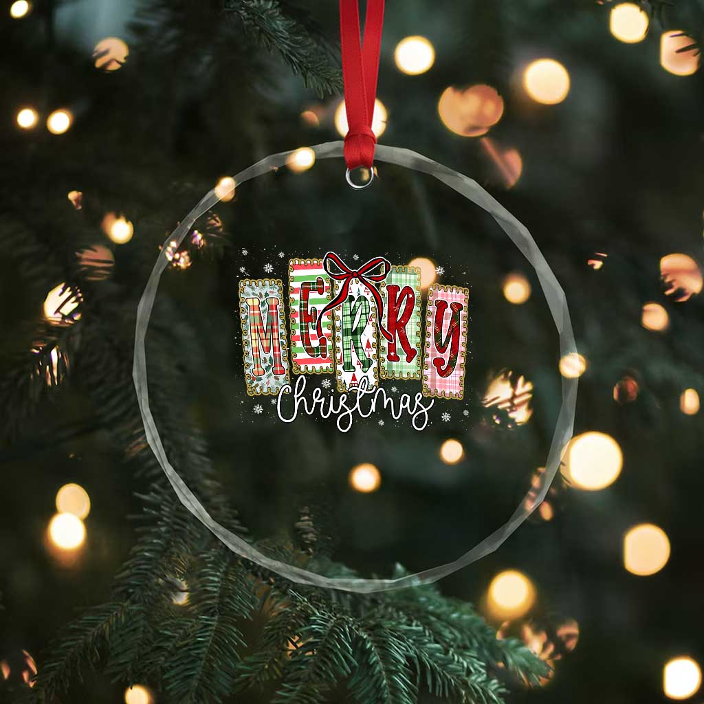 Merry Christmas Coquette Xmas Faux Glitter Gingham Tartan Doodle Crystal Glass Ornament TS11 Print Your Wear
