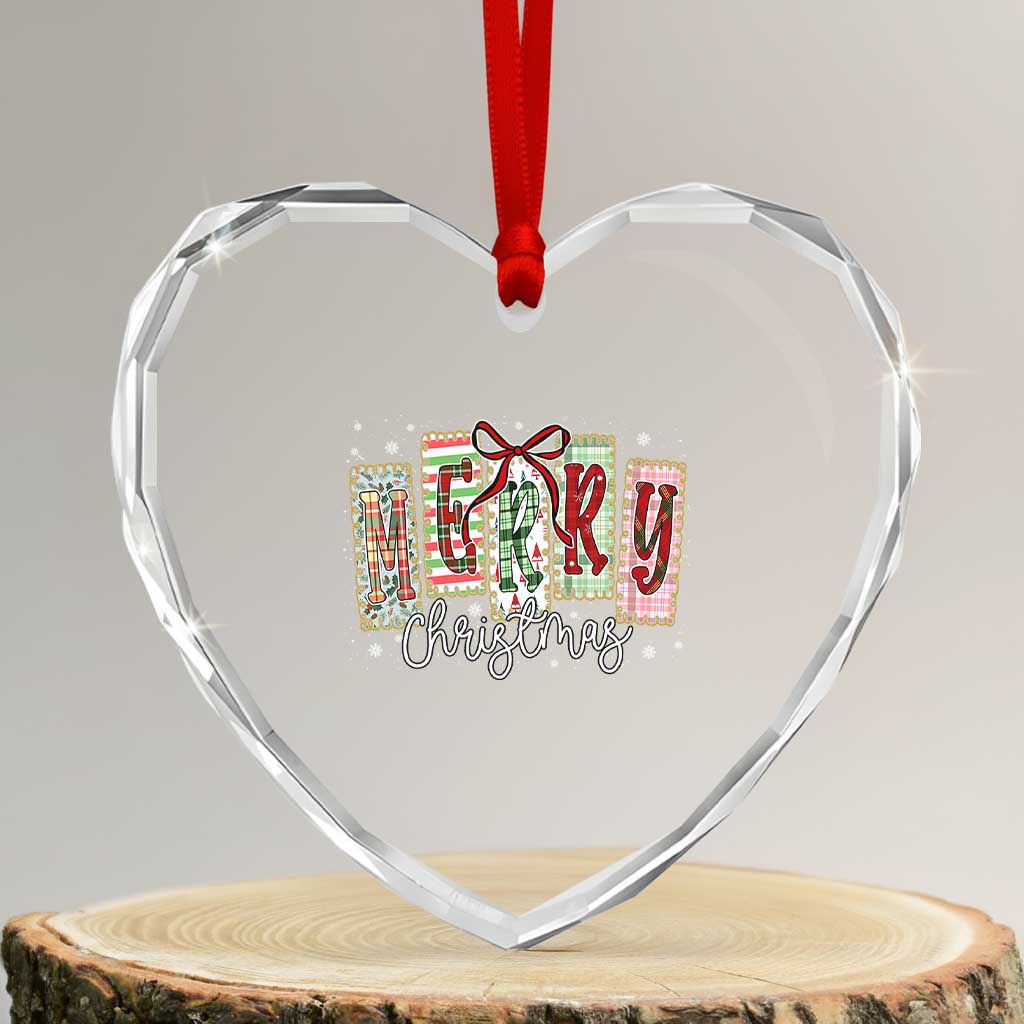 Merry Christmas Coquette Xmas Faux Glitter Gingham Tartan Doodle Heart Crystal Glass Ornament TS11 Transparent Glass 3'' Heart Print Your Wear