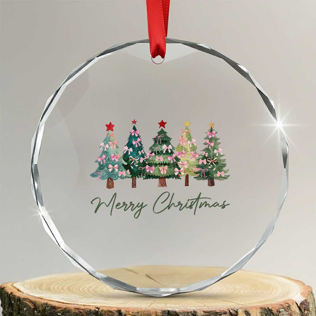 Merry Christmas Coquette Xmas Tree Crystal Glass Ornament Cute Pink Bow TS11 Transparent Glass 3'' Circle Print Your Wear