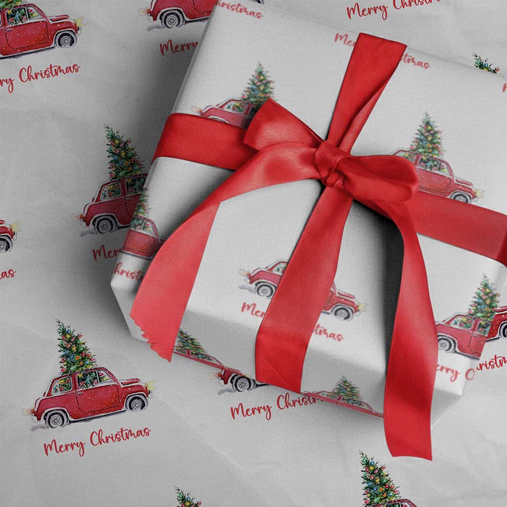 Merry Christmas Wrapping Paper Roll Vintage Xmas Tree Car TS11 White Print Your Wear