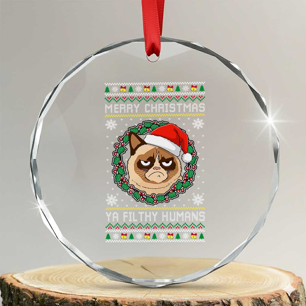 Merry Christmas Ya Filthy Humans Cat Crystal Glass Ornament Funny Xmas Grumpy Cat TS11 Transparent Glass 3'' Circle Print Your Wear