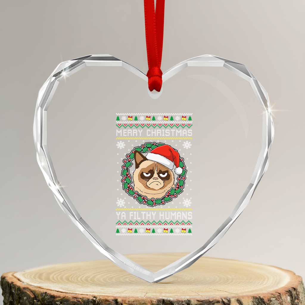 Merry Christmas Ya Filthy Humans Cat Heart Crystal Glass Ornament Funny Xmas Grumpy Cat TS11 Transparent Glass 3'' Heart Print Your Wear