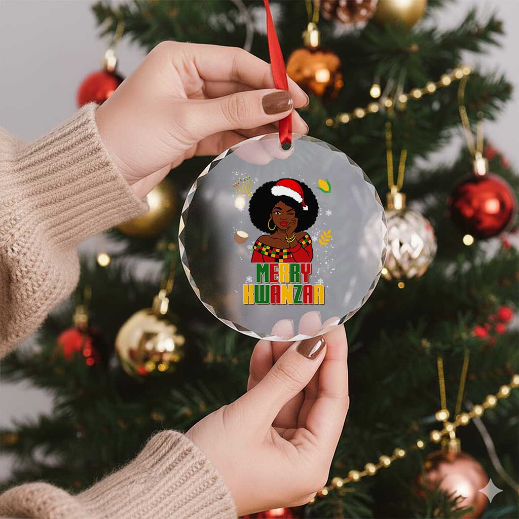Merry Kwanzaa African American Girl Santa Hat Crystal Glass Ornament Christmas Gift TS12 Print Your Wear