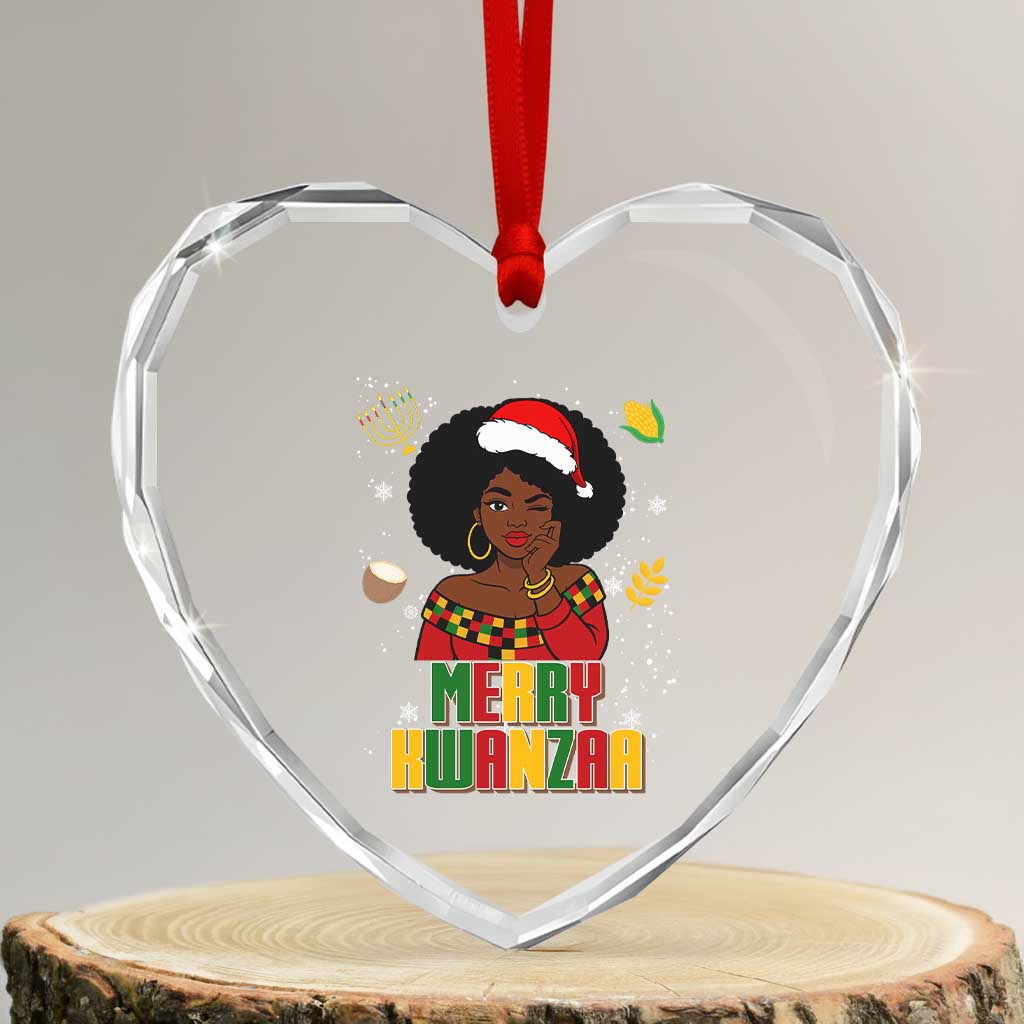 Merry Kwanzaa African American Girl Santa Hat Heart Crystal Glass Ornament Christmas Gift TS12 Transparent Glass 3'' Heart Print Your Wear