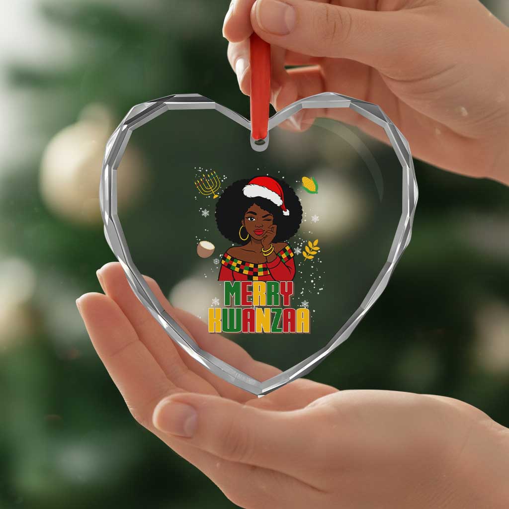 Merry Kwanzaa African American Girl Santa Hat Heart Crystal Glass Ornament Christmas Gift TS12 Print Your Wear