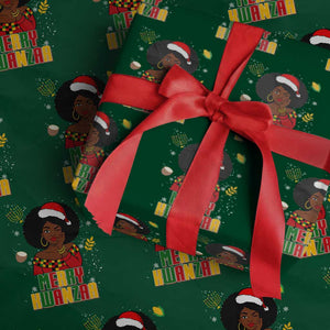 Merry Kwanzaa African American Girl Santa Hat Wrapping Paper Roll Christmas Gift TS12 Green Print Your Wear