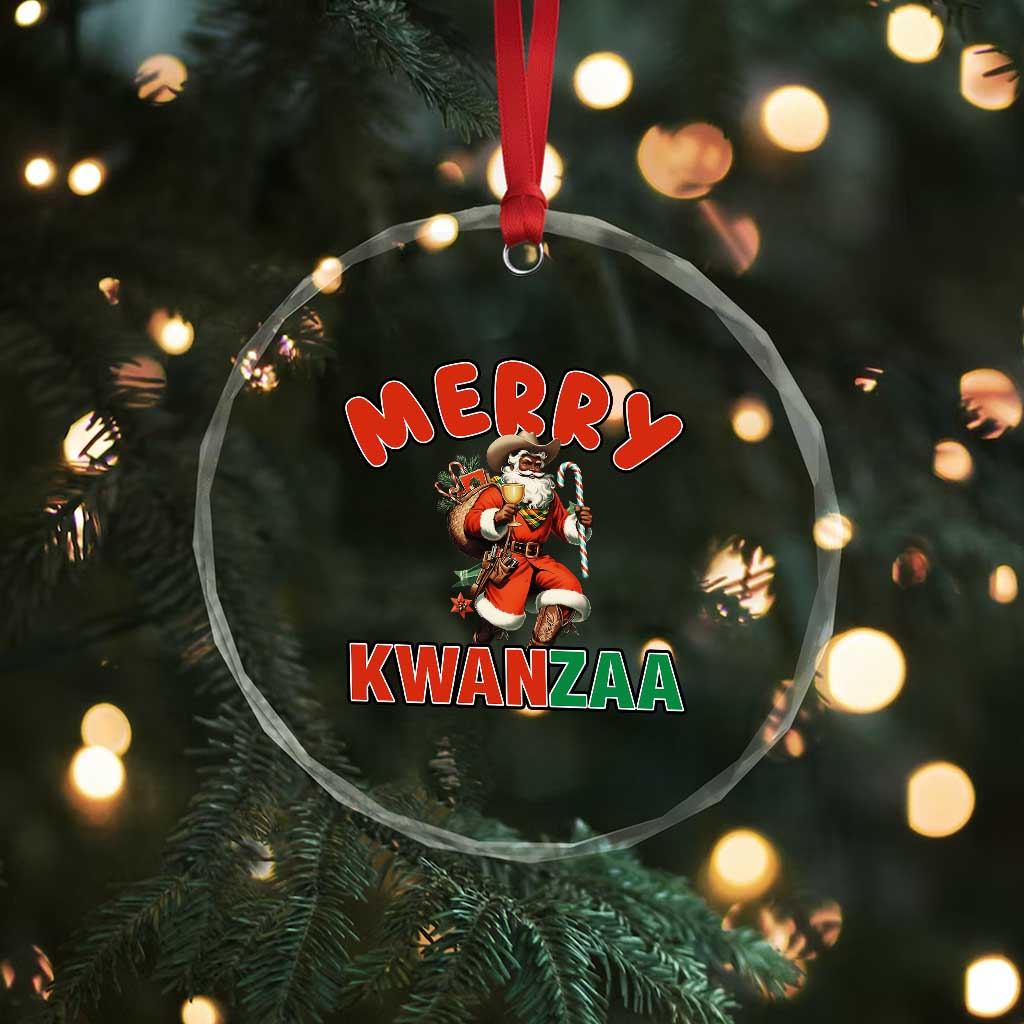 Merry Kwanzaa Cowboy Black Santa Crystal Glass Ornament African American Christmas Gift - Print Your Wear