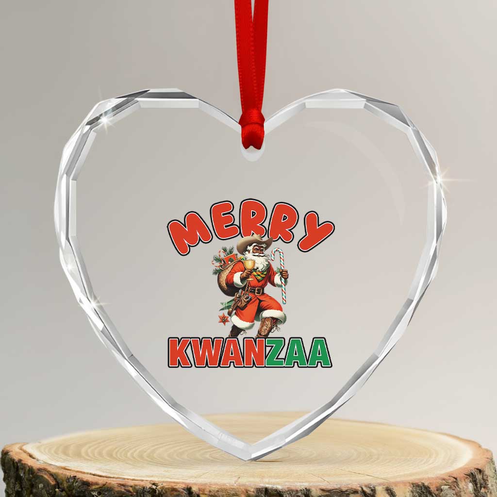 Merry Kwanzaa Cowboy Black Santa Heart Crystal Glass Ornament African American Christmas Gift - Print Your Wear