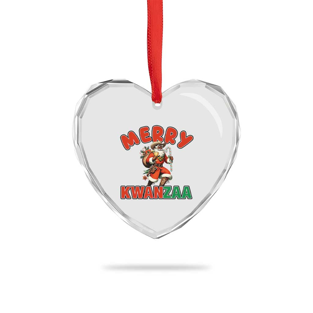 Merry Kwanzaa Cowboy Black Santa Heart Crystal Glass Ornament African American Christmas Gift - Print Your Wear