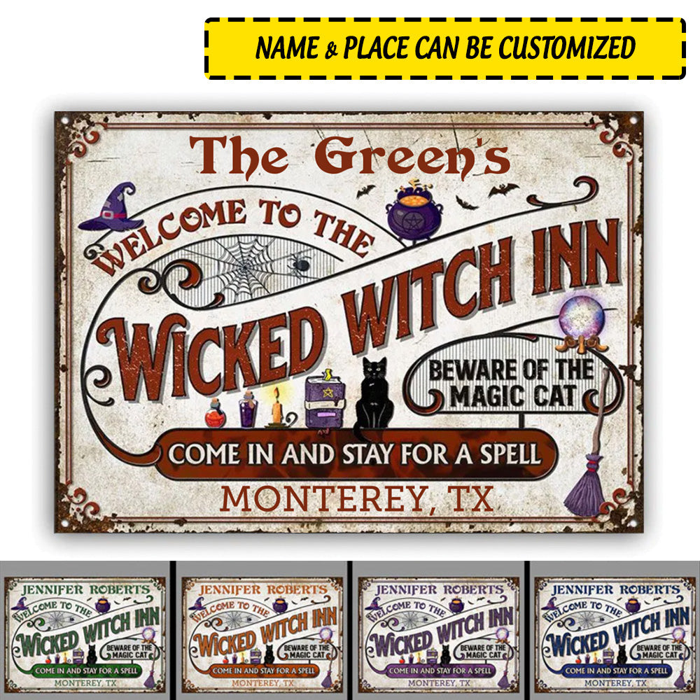 Personalized Halloween Metal Signs Witch Inn Black Cat Stay For A Spell Color CTM One Size 24x18 inch (60.96x45.72 cm) Custom - Printyourwear