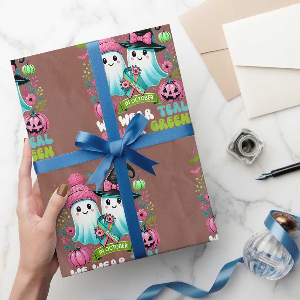 Metastatic Breast Cancer Awareness Ghost Wrapping Paper Roll Halloween Green Teal Pink Ribbon TS10 Mocha Print Your Wear