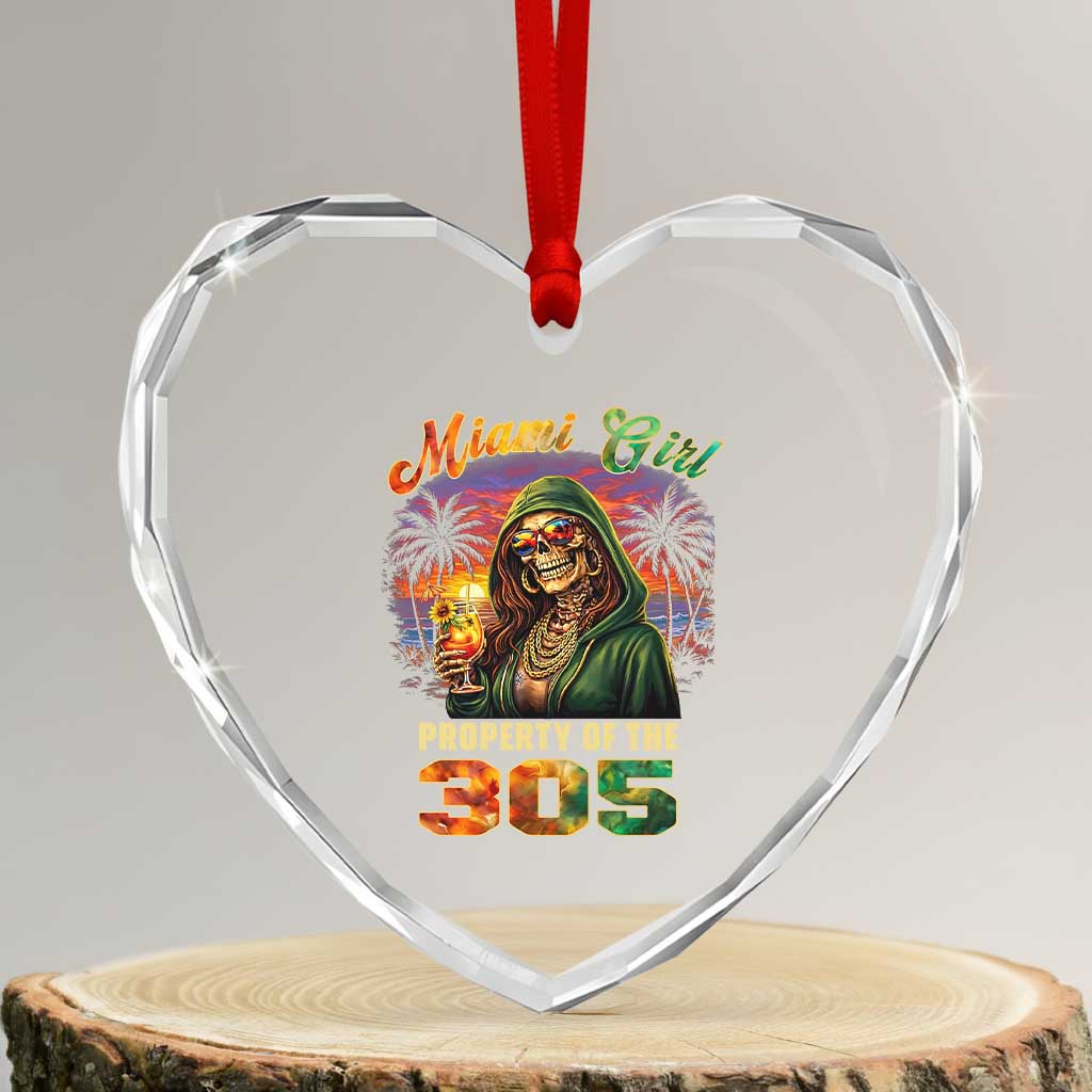 Miami Girl Skeleton Property of the 305 Heart Crystal Glass Ornament Tropical City Florida Pride Street Style TS02 Transparent Glass 3'' Heart Print Your Wear