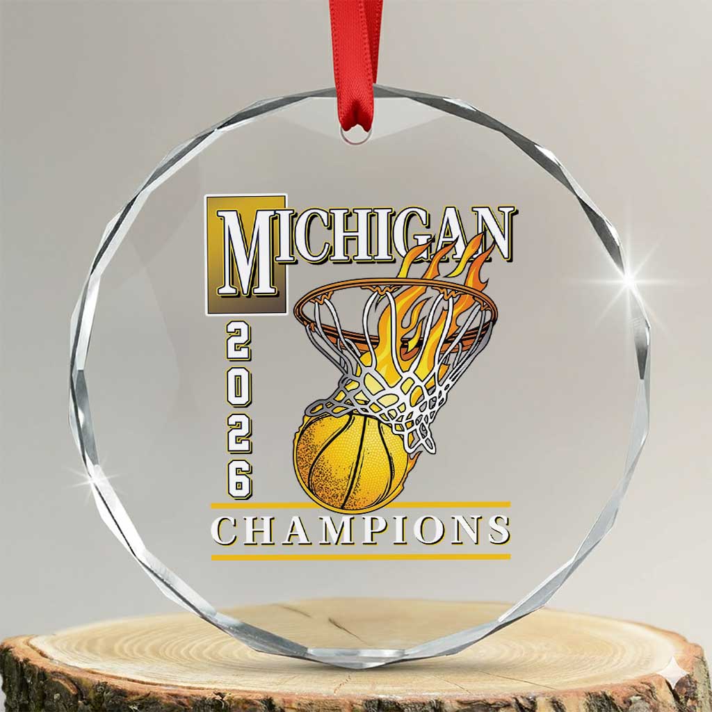 Michigan 2026 Flaming Hoop Basketball Lover Crystal Glass Ornament Champions Victory Graphic Sports Fan TS12 Transparent Glass 3'' Circle Print Your Wear