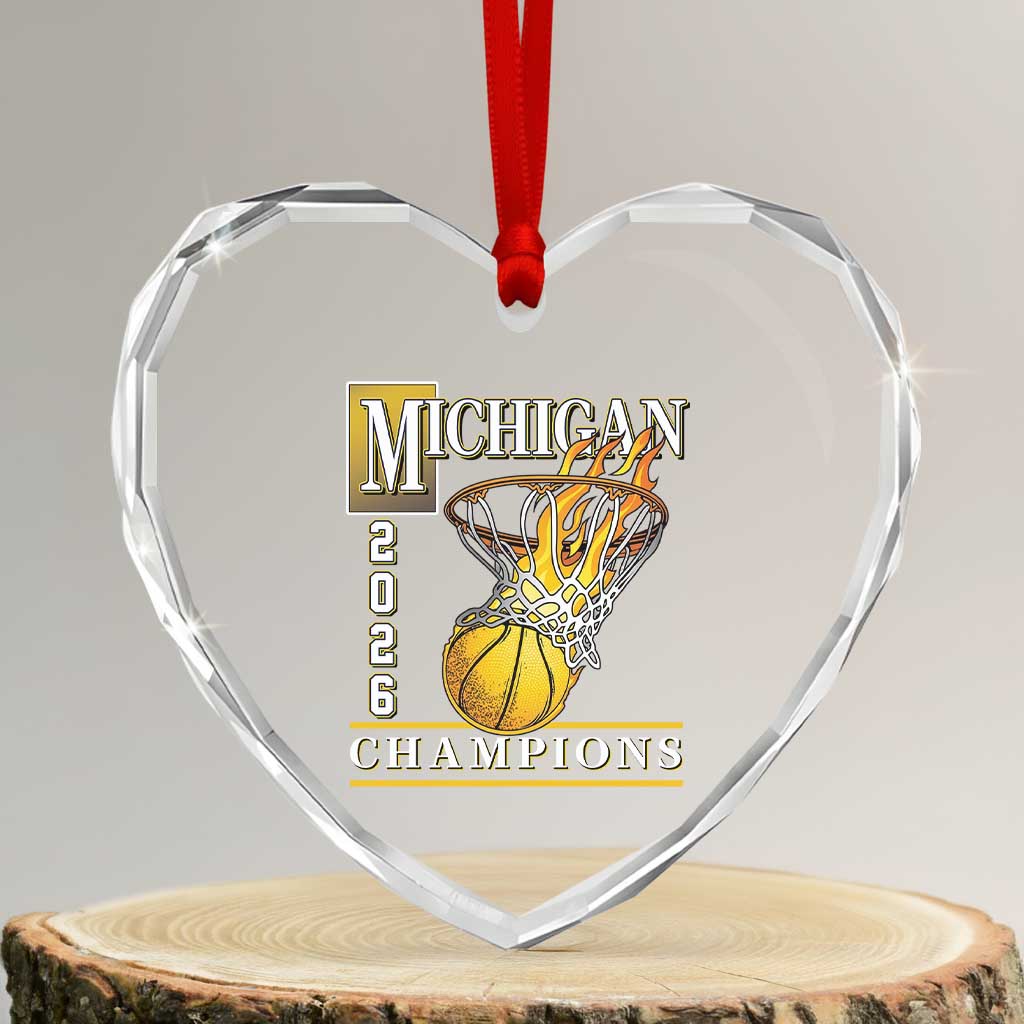 Michigan 2026 Flaming Hoop Basketball Lover Heart Crystal Glass Ornament Champions Victory Graphic Sports Fan TS12 Transparent Glass 3'' Heart Print Your Wear