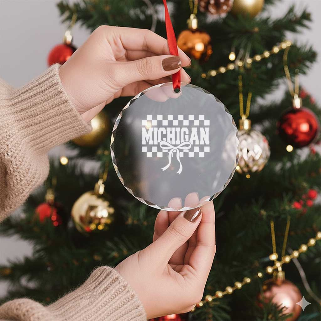 Michigan Fan Crystal Glass Ornament MI State Sport Coquette Bow Checkered Design Game Day TS11 Print Your Wear