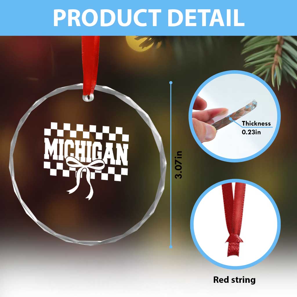 Michigan Fan Crystal Glass Ornament MI State Sport Coquette Bow Checkered Design Game Day TS11 Print Your Wear
