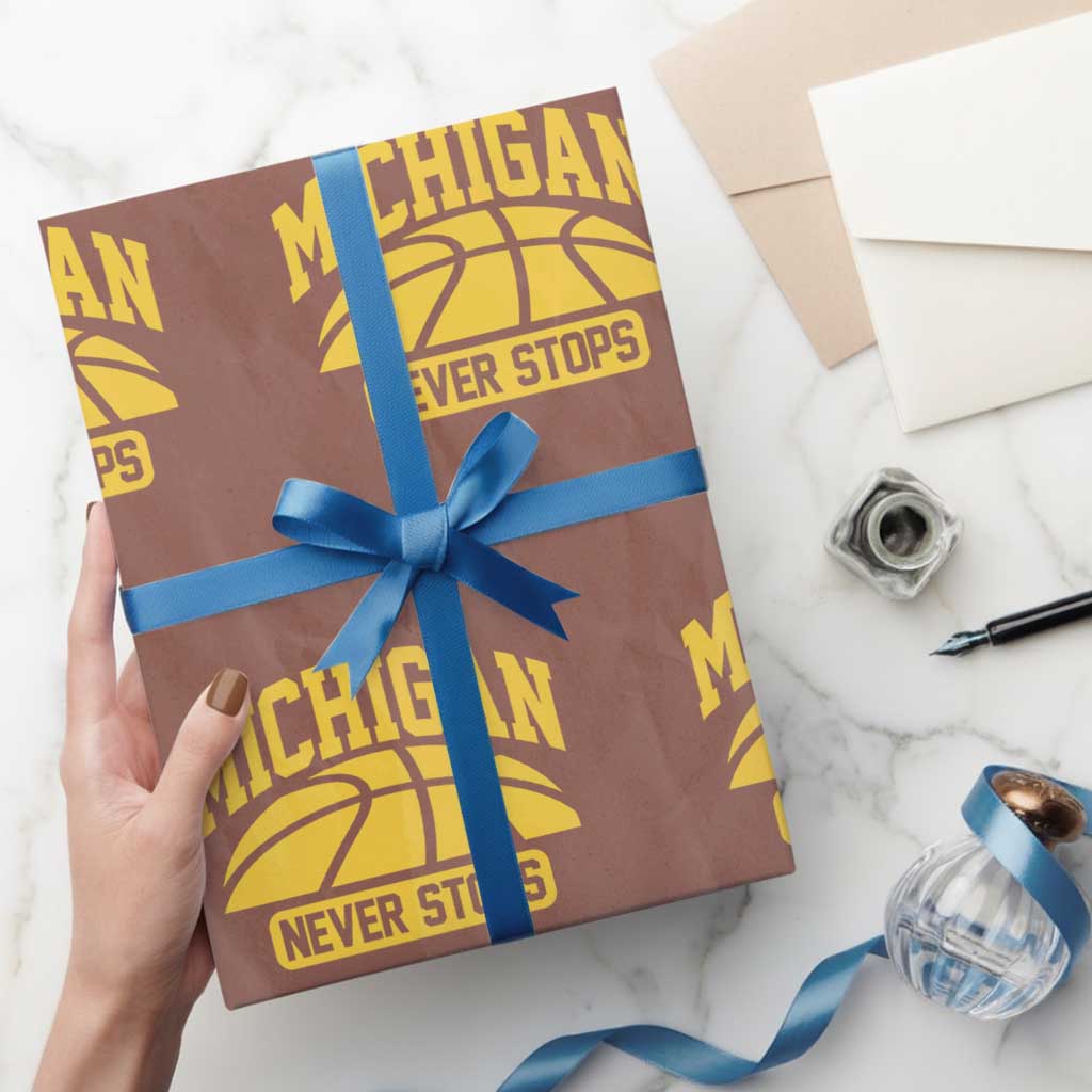 Michigan Never Stops Wrapping Paper Roll Great Lakes State Basketball Pride Gift TS12 Mocha Print Your Wear