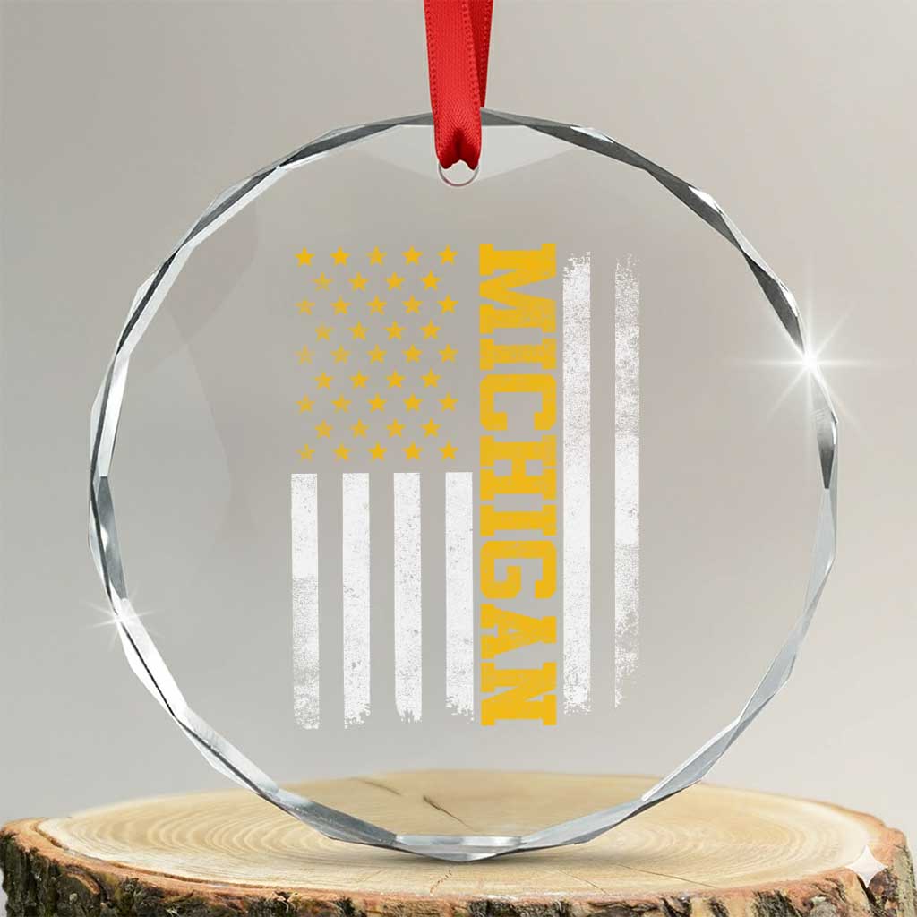 Michigan Pride Crystal Glass Ornament Vintage American Flag Distressed Varsity Aesthetic Letters MI State TS11 Transparent Glass 3'' Circle Print Your Wear