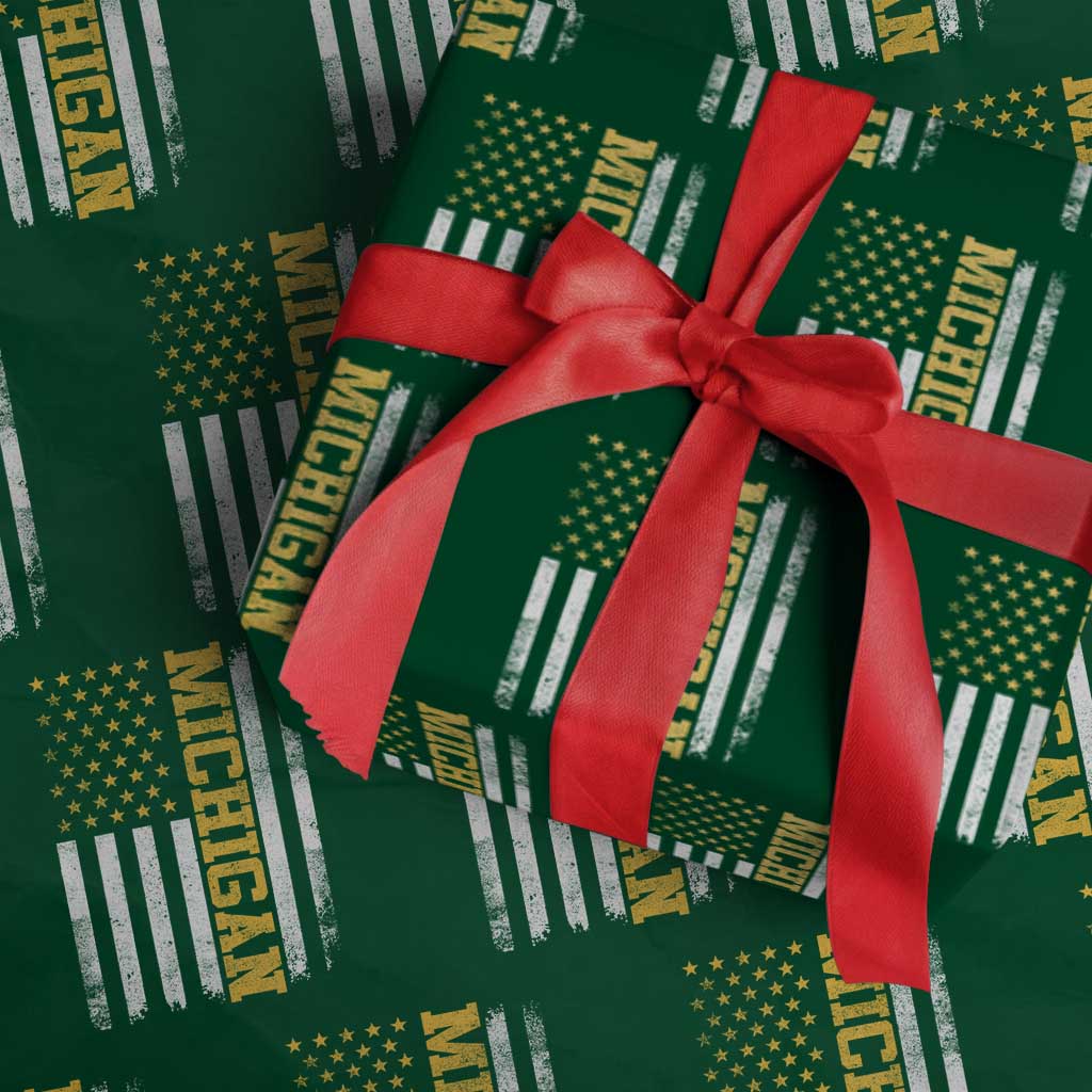 Michigan Pride Wrapping Paper Roll Vintage American Flag Distressed Varsity Aesthetic Letters MI State TS11 Green Print Your Wear