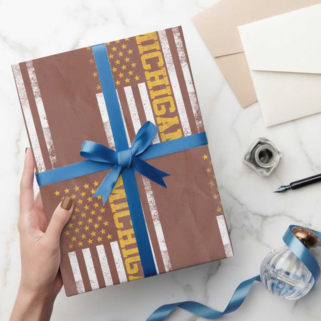 Michigan Pride Wrapping Paper Roll Vintage American Flag Distressed Varsity Aesthetic Letters MI State TS11 Mocha Print Your Wear