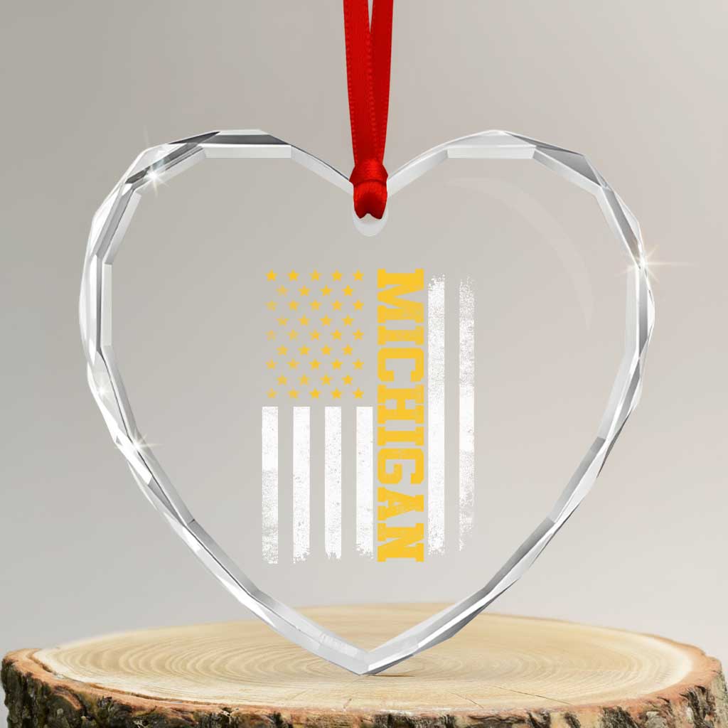 Michigan Pride Heart Crystal Glass Ornament Vintage American Flag Distressed Varsity Aesthetic Letters MI State TS11 Transparent Glass 3'' Heart Print Your Wear
