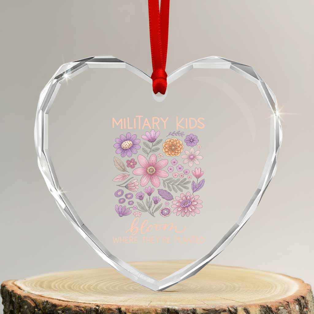 Military Kids Bloom Where They are Planted Heart Crystal Glass Ornament Purple Up Month of the Military Child Floral Empowerment TS02 Transparent Glass 3'' Heart Print Your Wear
