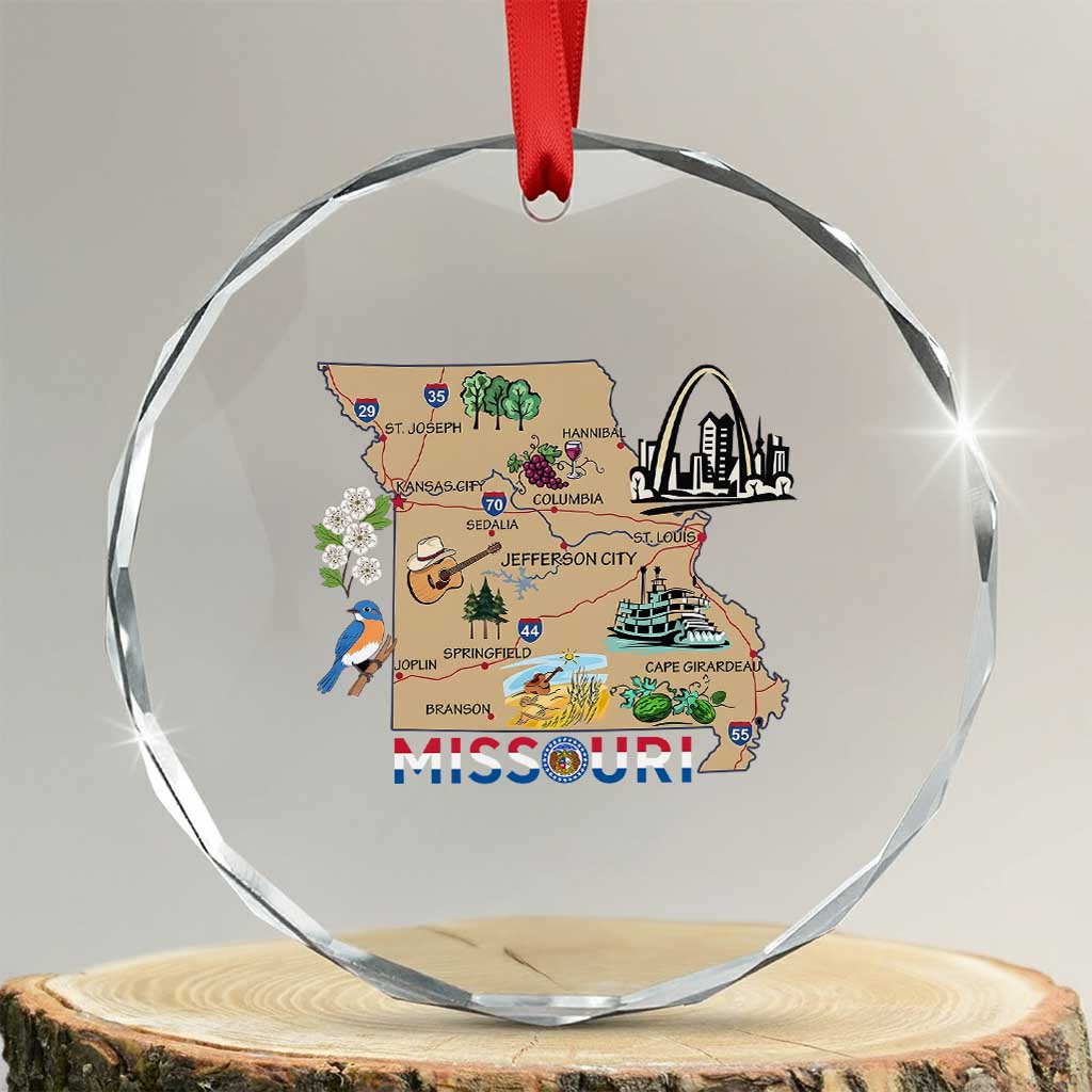 Missouri Map Landmarks Major Cities Roads Flag Crystal Glass Ornament TS14 Transparent Glass 3'' Circle Print Your Wear