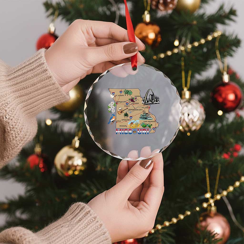 Missouri Map Landmarks Major Cities Roads Flag Crystal Glass Ornament