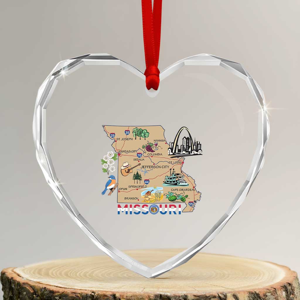 Missouri Map Landmarks Major Cities Roads Flag Heart Crystal Glass Ornament TS14 Transparent Glass 3'' Heart Print Your Wear