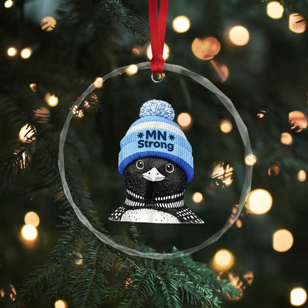 MN Strong Winter Loon with Blue Beanie Crystal Glass Ornament Stand with Minnesota Justice Protest TS02 Print Your Wear