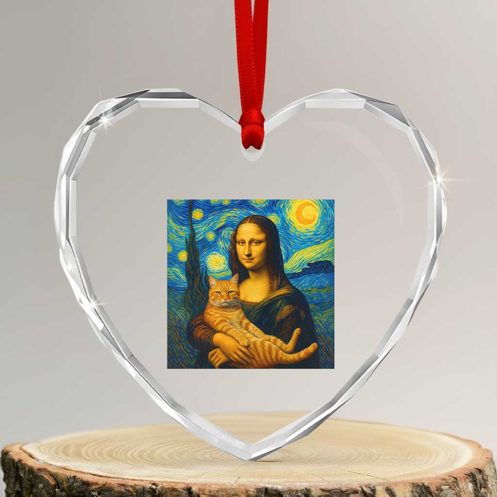 Mona Lisa Cat Starry Night Heart Crystal Glass Ornament TS14 Transparent Glass 3'' Heart Print Your Wear