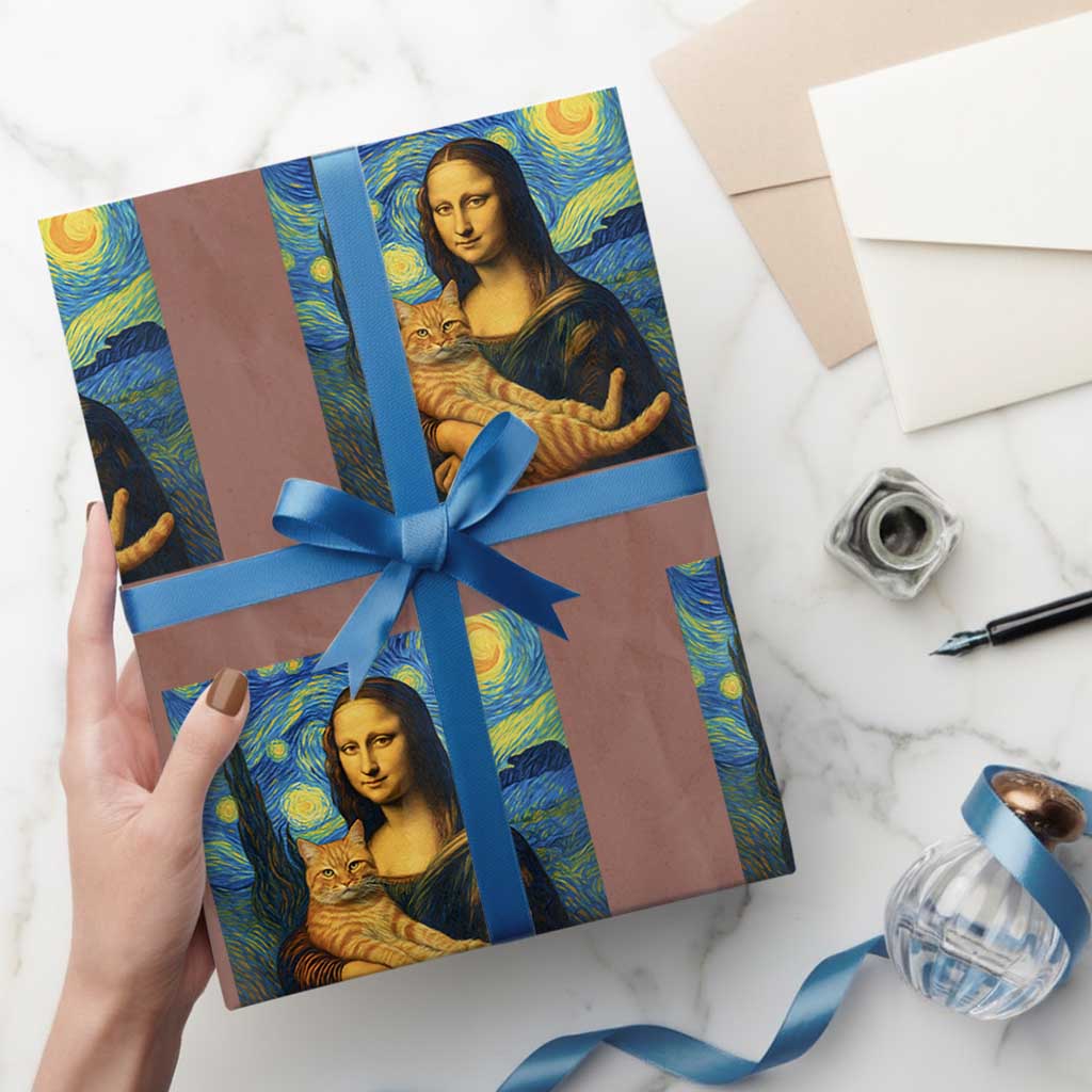 Mona Lisa Cat Starry Night Wrapping Paper Roll TS14 Mocha Print Your Wear