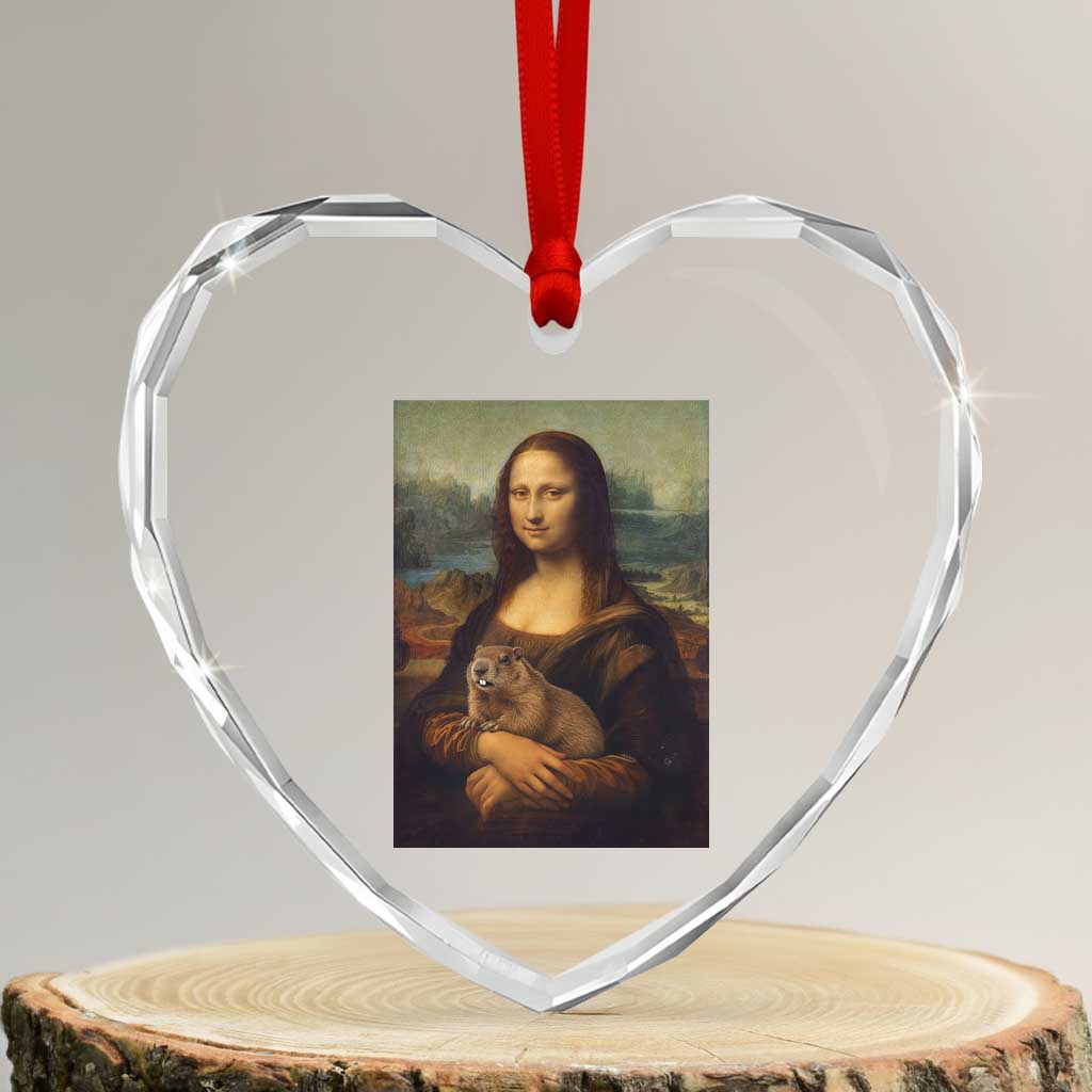 Mona Lisa Holding Groundhog Parody Painting Heart Crystal Glass Ornament Funny Groundhog Day TS11 Transparent Glass 3'' Heart Print Your Wear