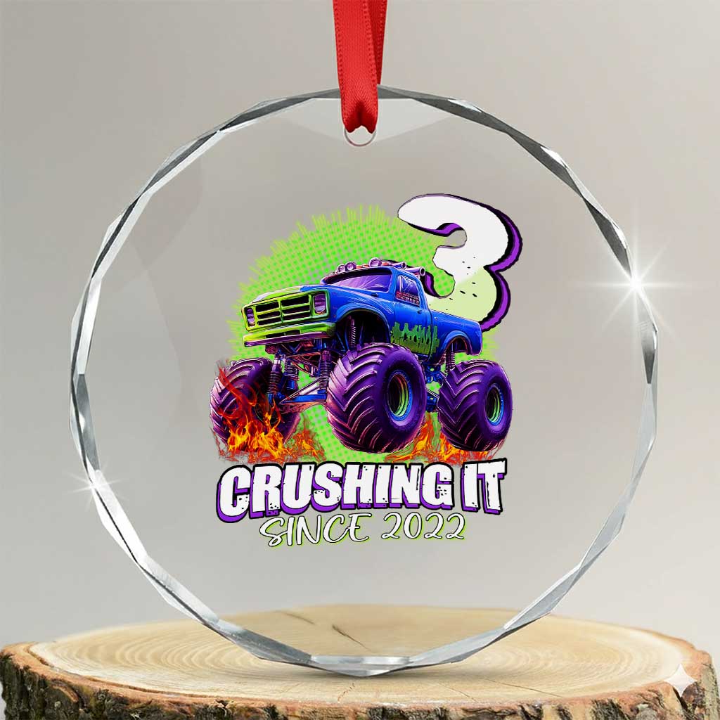Monster Truck Birthday Crystal Glass Ornament 3 Years Old Boys Happy 3rd Bday Party TS02 Transparent Glass 3'' Circle Print Your Wear