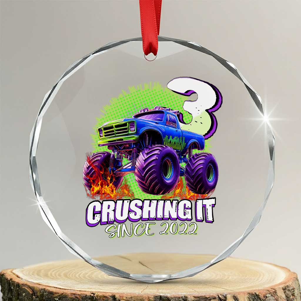 Monster Truck Birthday Crystal Glass Ornament 3 Years Old Boys Happy 3rd Bday Party TS02 Transparent Glass 3'' Circle Print Your Wear