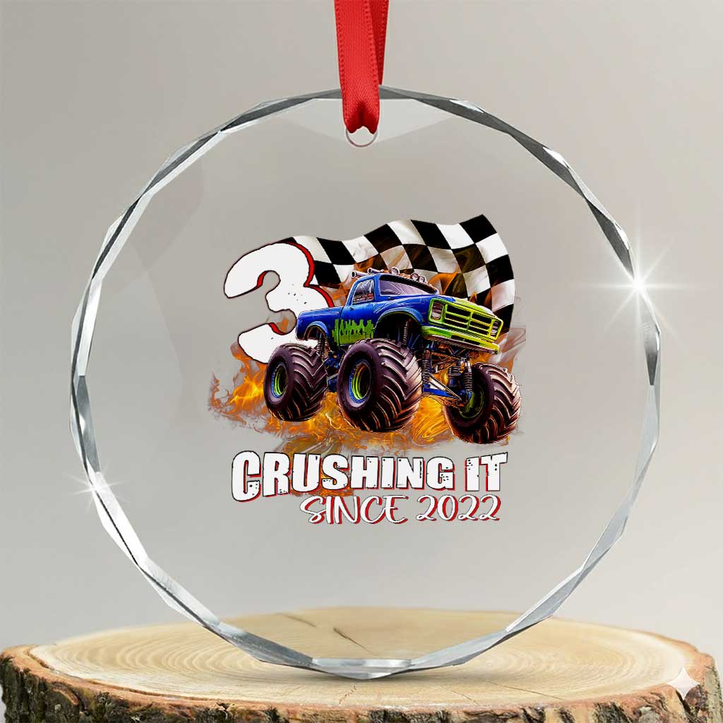 Monster Truck Birthday Crystal Glass Ornament Happy 3rd Bday Party 3 Years Old Boy TS02 Transparent Glass 3'' Circle Print Your Wear