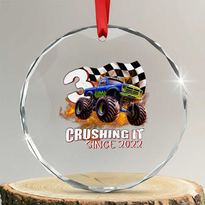 Monster Truck Birthday Crystal Glass Ornament Happy 3rd Bday Party 3 Years Old Boy TS02 Transparent Glass 3'' Circle Print Your Wear
