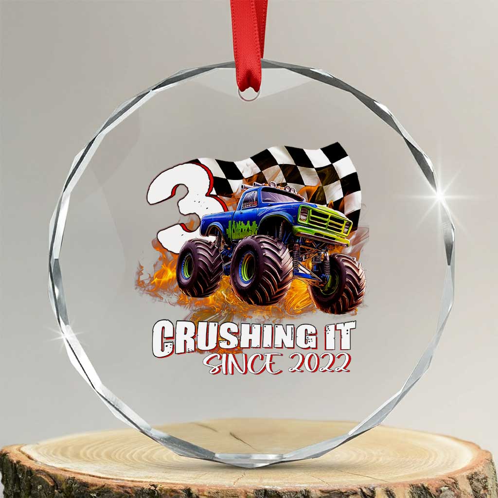 Monster Truck Birthday Crystal Glass Ornament Happy 3rd Bday Party 3 Years Old Boy TS02 Transparent Glass 3'' Circle Print Your Wear