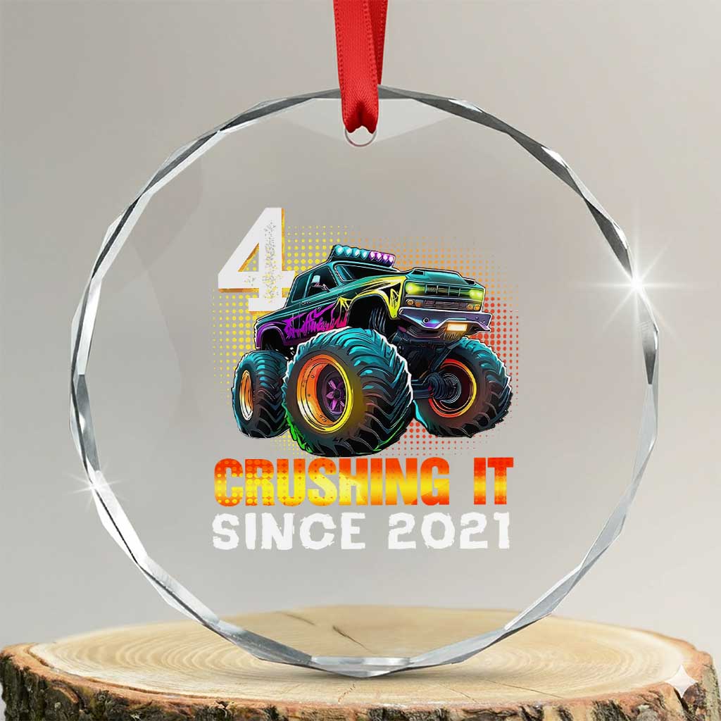 Monster Truck Birthday Crystal Glass Ornament Happy 4th Bday Party 4 Years Old Boy TS02 Transparent Glass 3'' Circle Print Your Wear