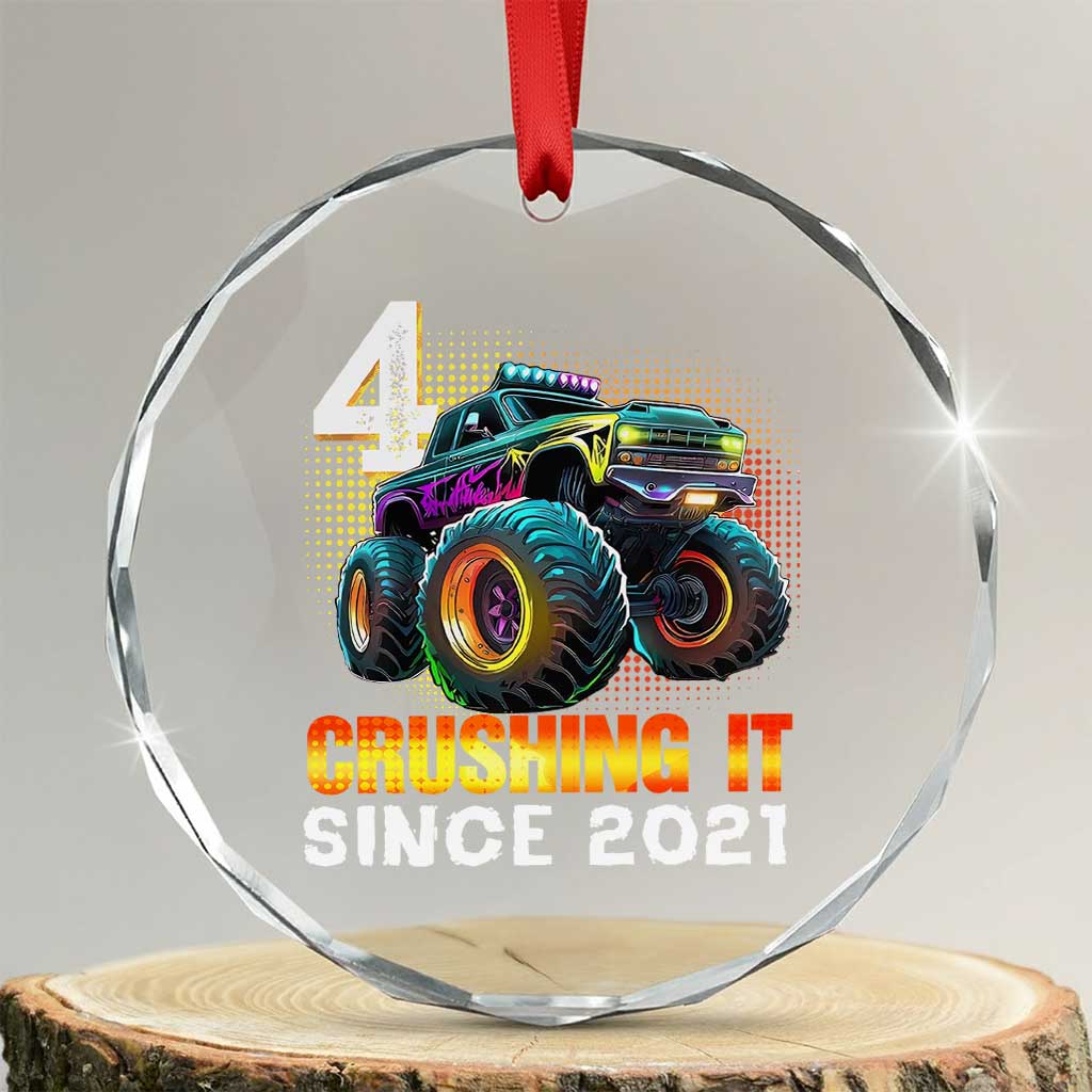 Monster Truck Birthday Crystal Glass Ornament Happy 4th Bday Party 4 Years Old Boy TS02 Transparent Glass 3'' Circle Print Your Wear