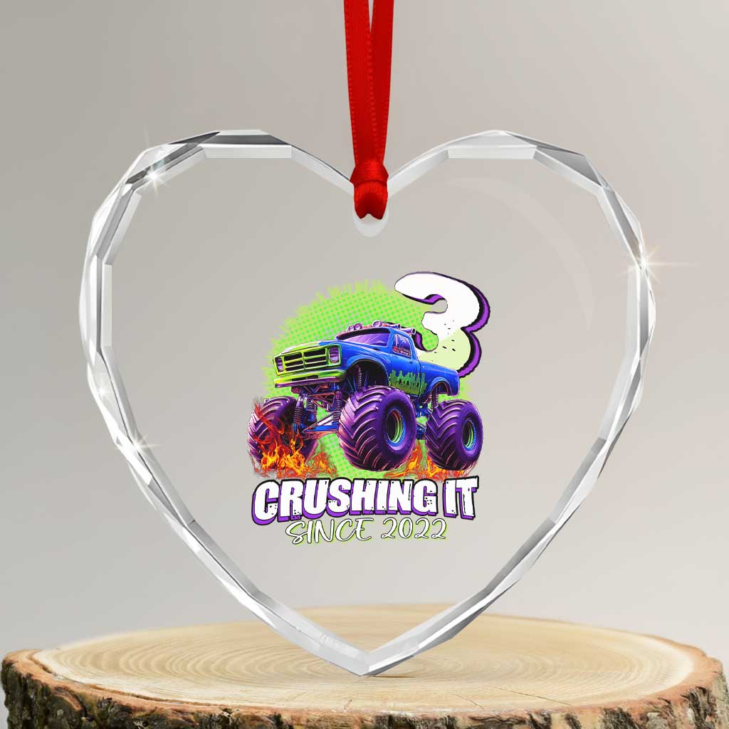 Monster Truck Birthday Heart Crystal Glass Ornament 3 Years Old Boys Happy 3rd Bday Party TS02 Transparent Glass 3'' Heart Print Your Wear